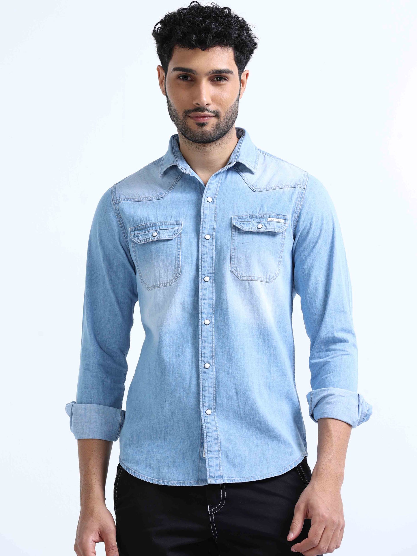 Sky Blue Denim Double Pocket Shirt for Men