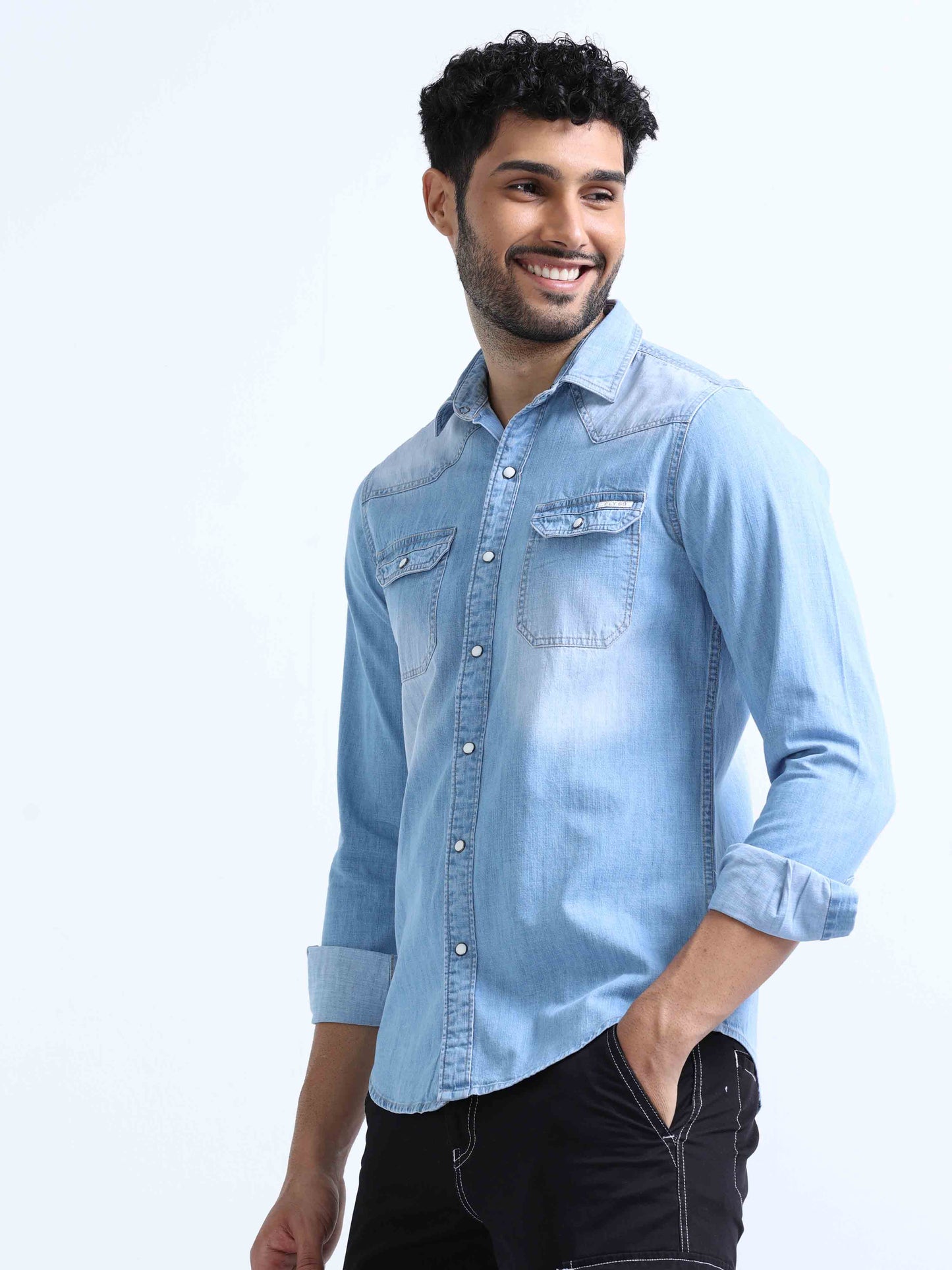 Sky Blue Denim Double Pocket Shirt for Men