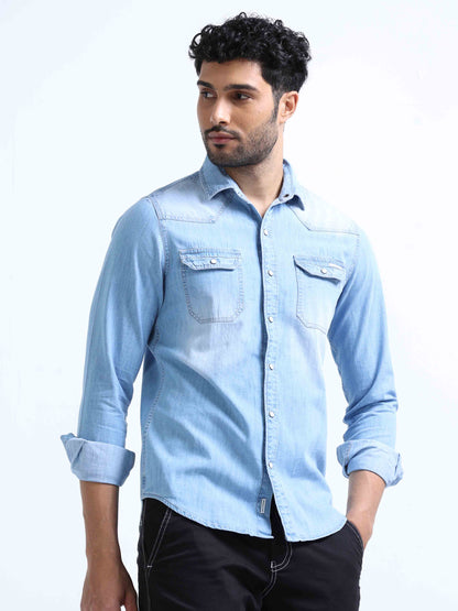 Sky Blue Denim Double Pocket Shirt for Men