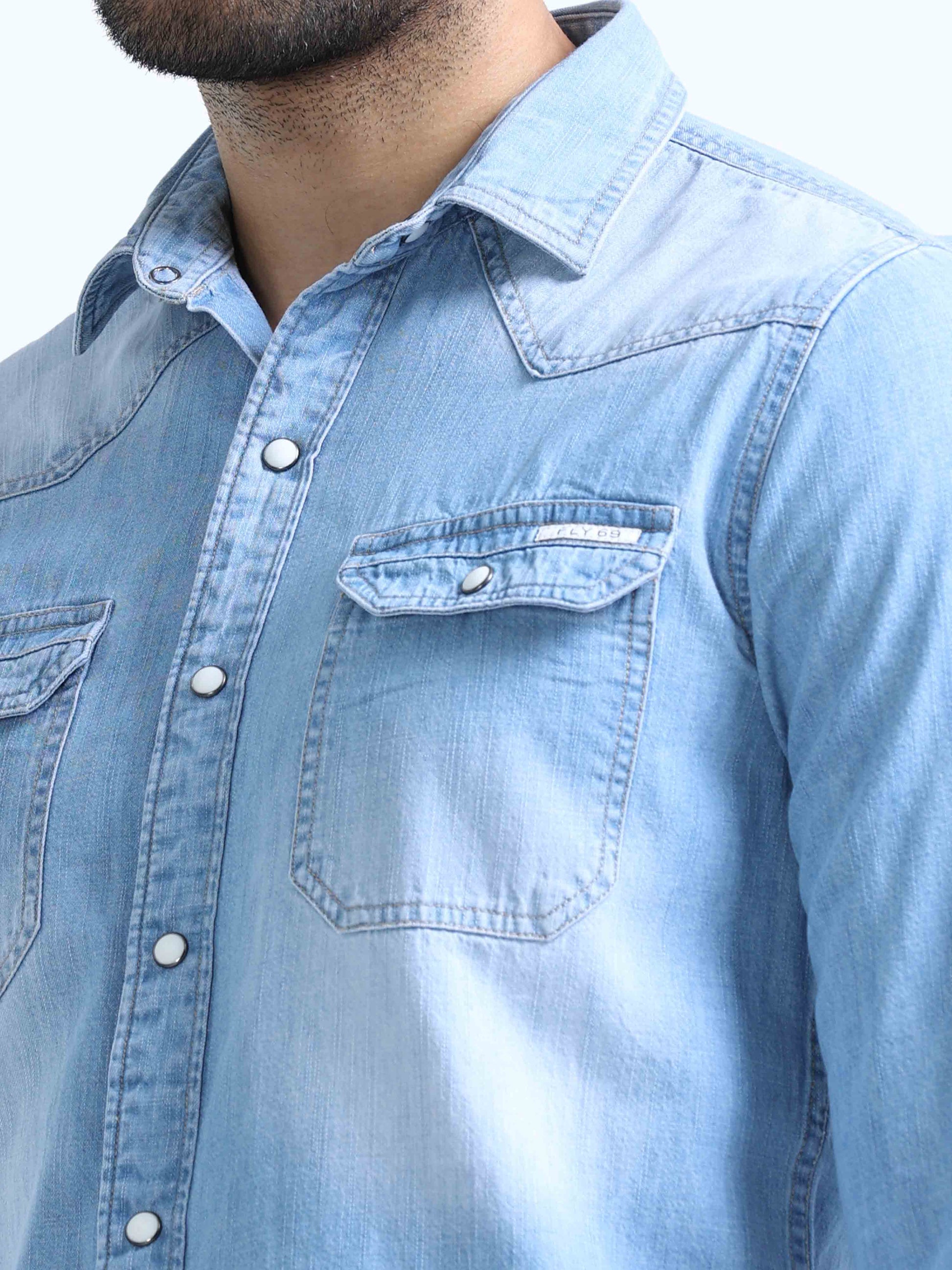 Sky Blue Denim Double Pocket Shirt for Men