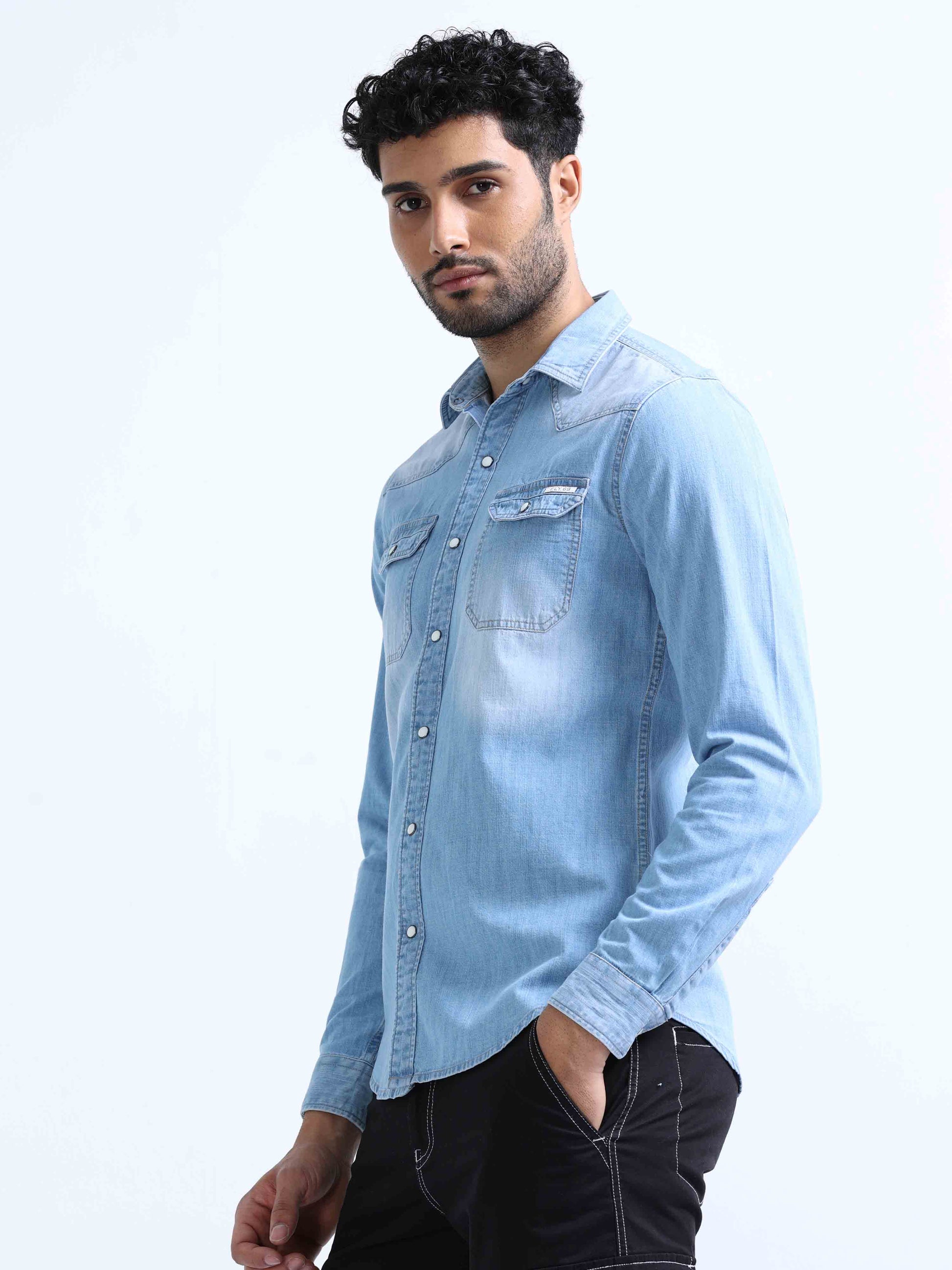 Sky Blue Denim Double Pocket Shirt for Men