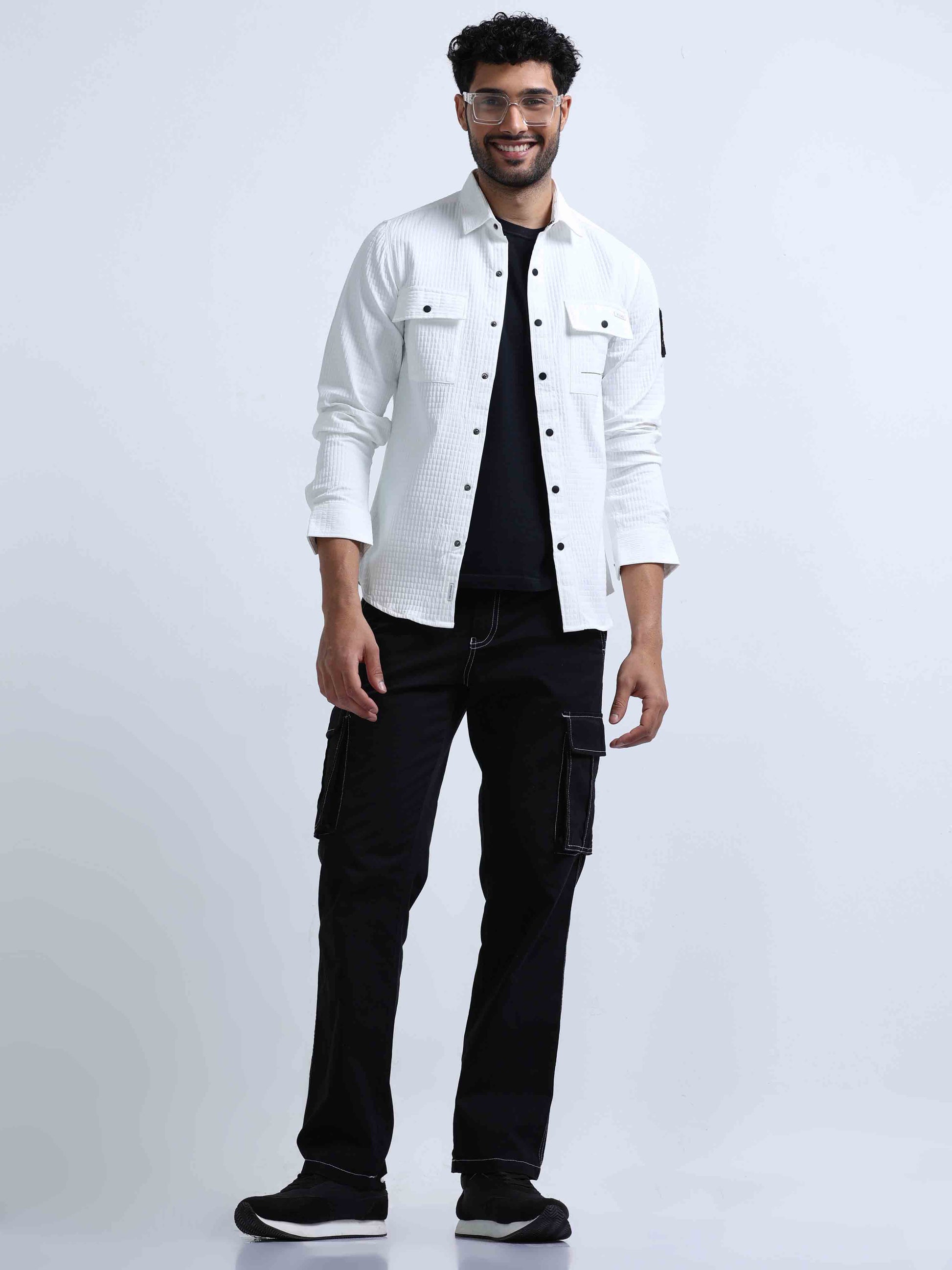 White Denim Double Pocket Shirt For Men