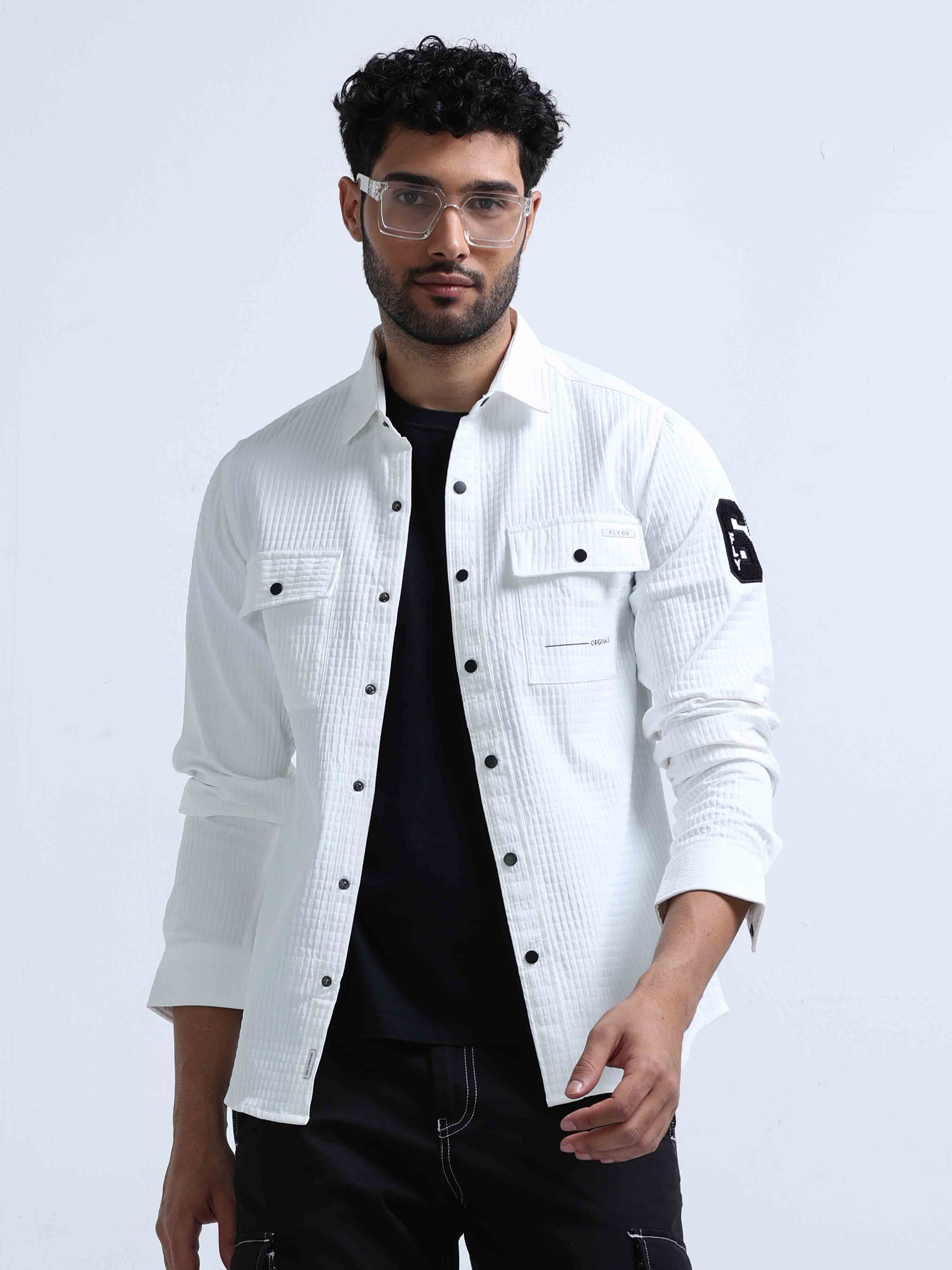 White Denim Double Pocket Shirt For Men