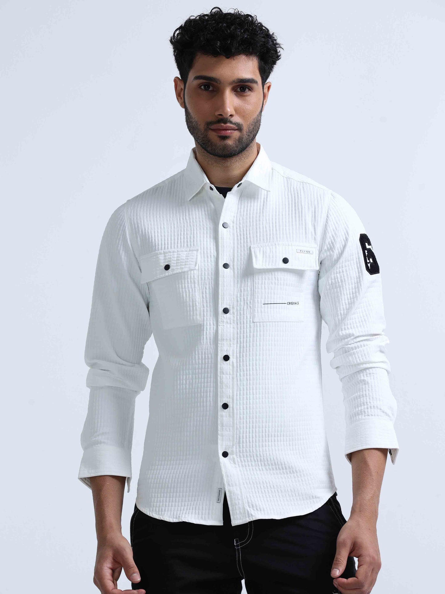 White Denim Double Pocket Shirt For Men