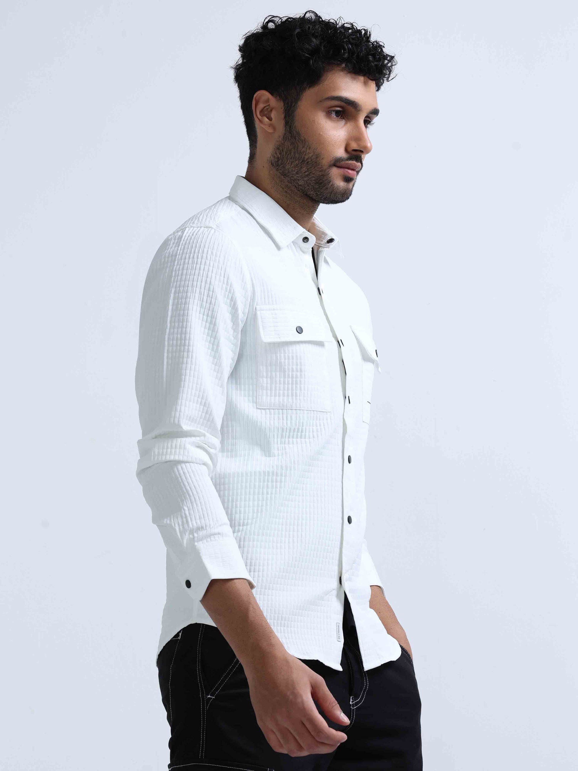 White Denim Double Pocket Shirt For Men