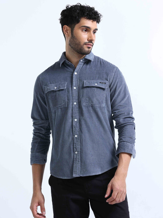 Grey Corduroy Full Sleeve Shirt for Men 