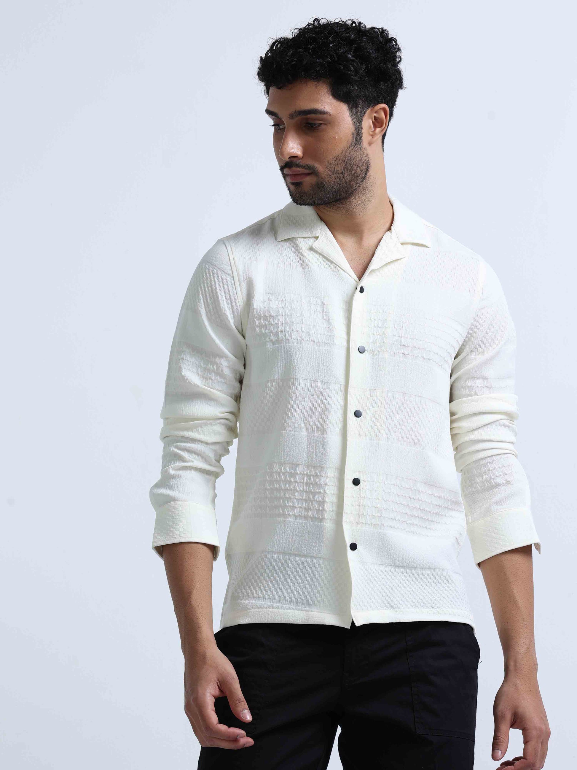 Cream Full Sleeve Lycra Shirt For Men