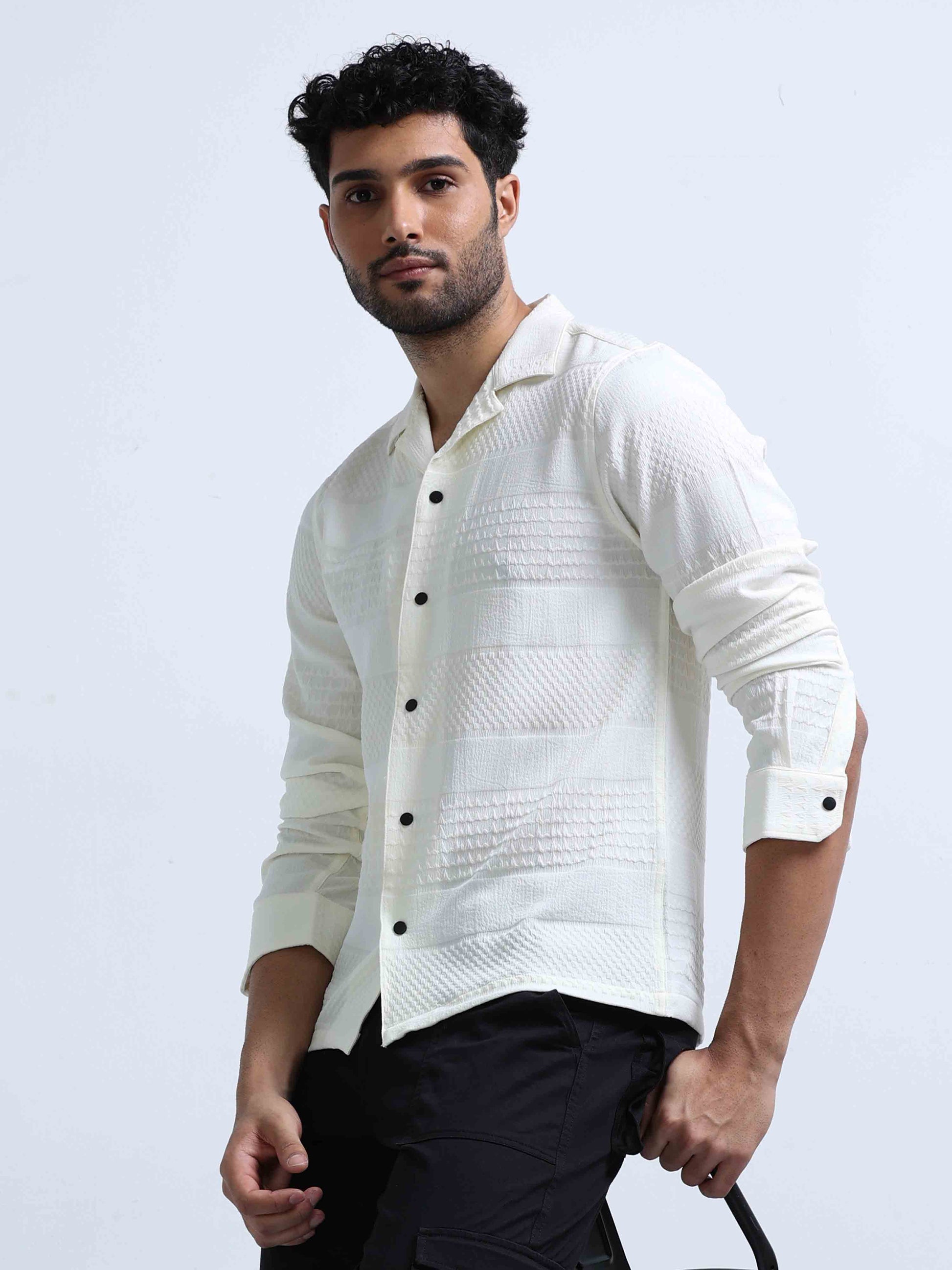 Cream Full Sleeve Lycra Shirt For Men