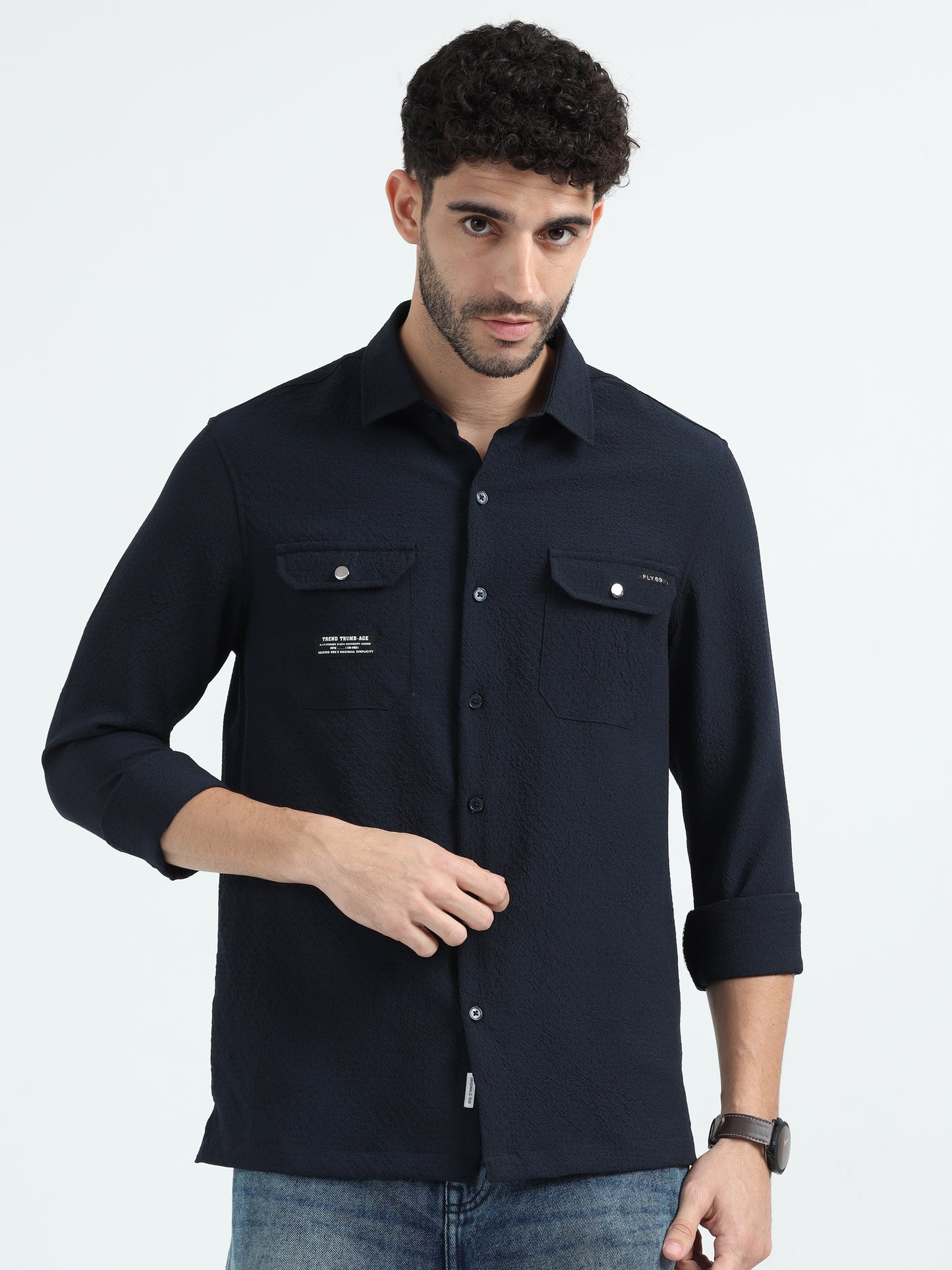 Blue Double Pocket Solid Shirt