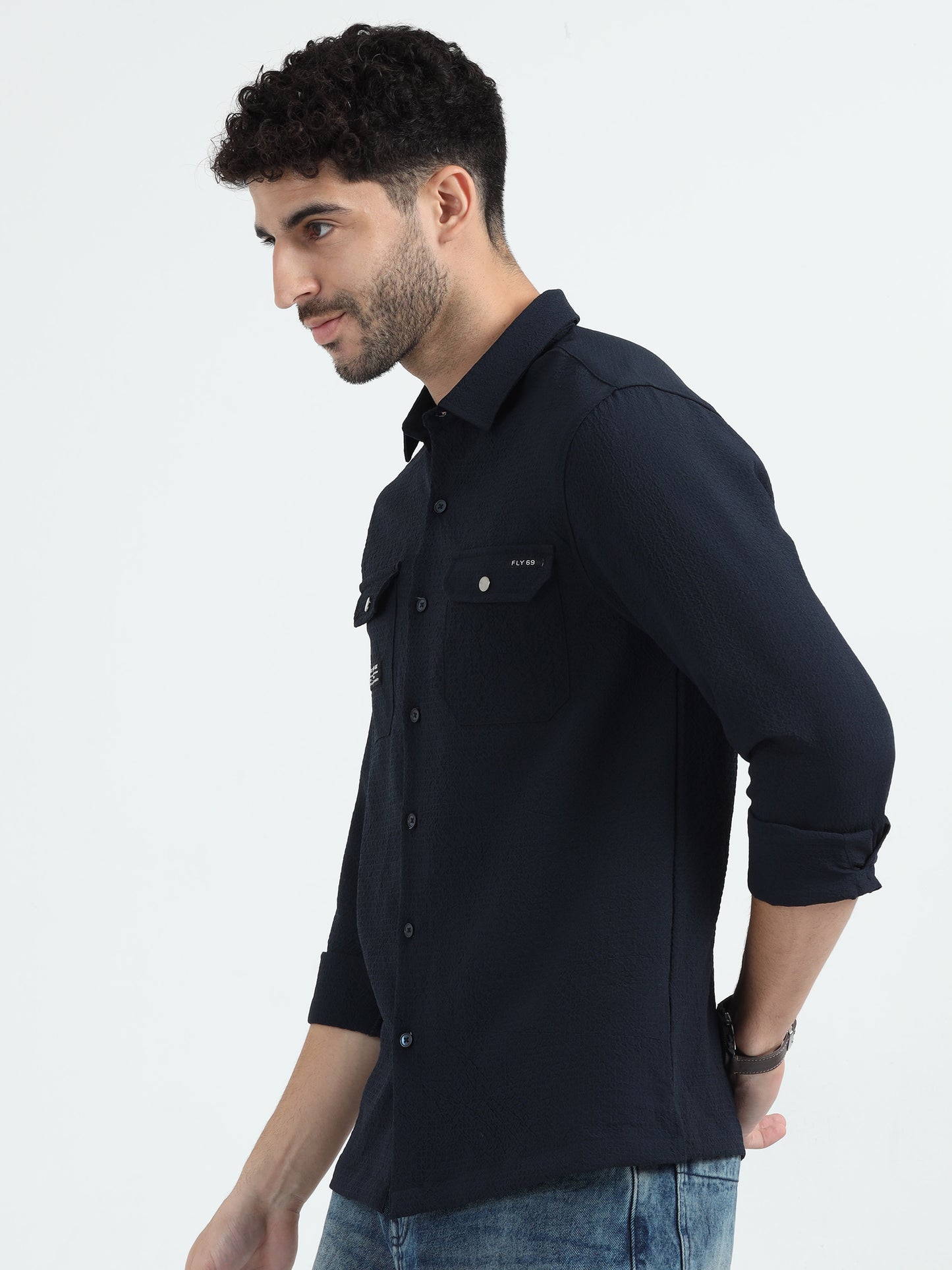 Blue Double Pocket Solid Shirt