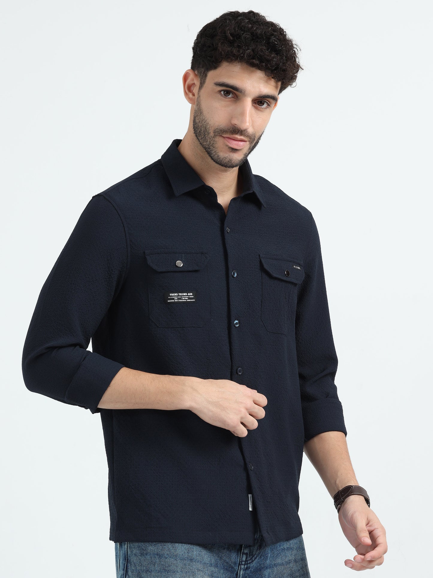 Blue Double Pocket Solid Shirt