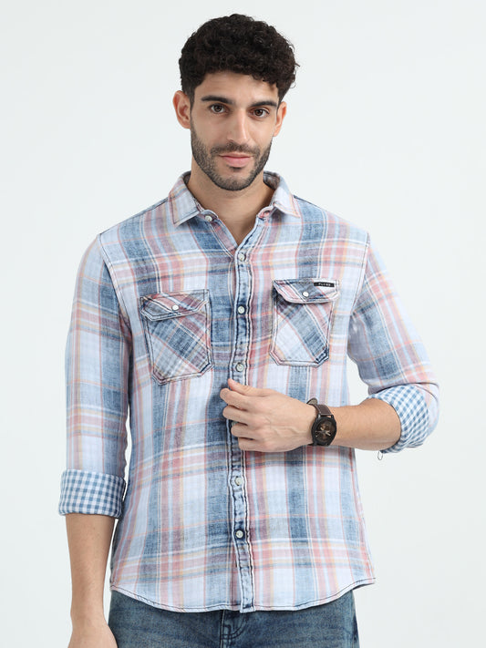 Indigo Cotton Peach Checks Shirt