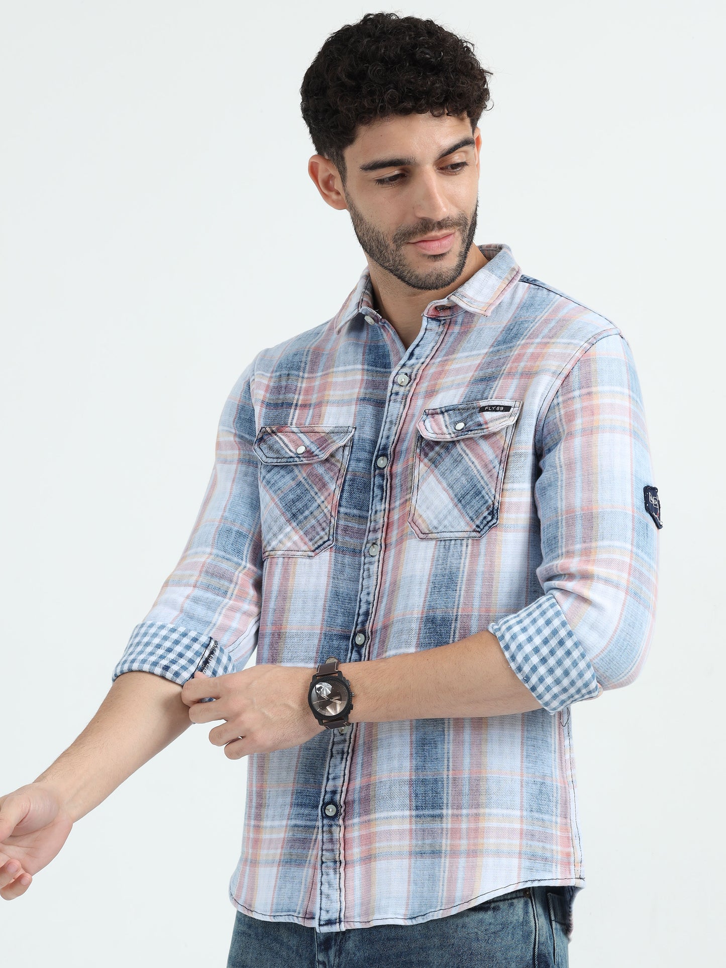 Indigo Cotton Peach Checks Shirt