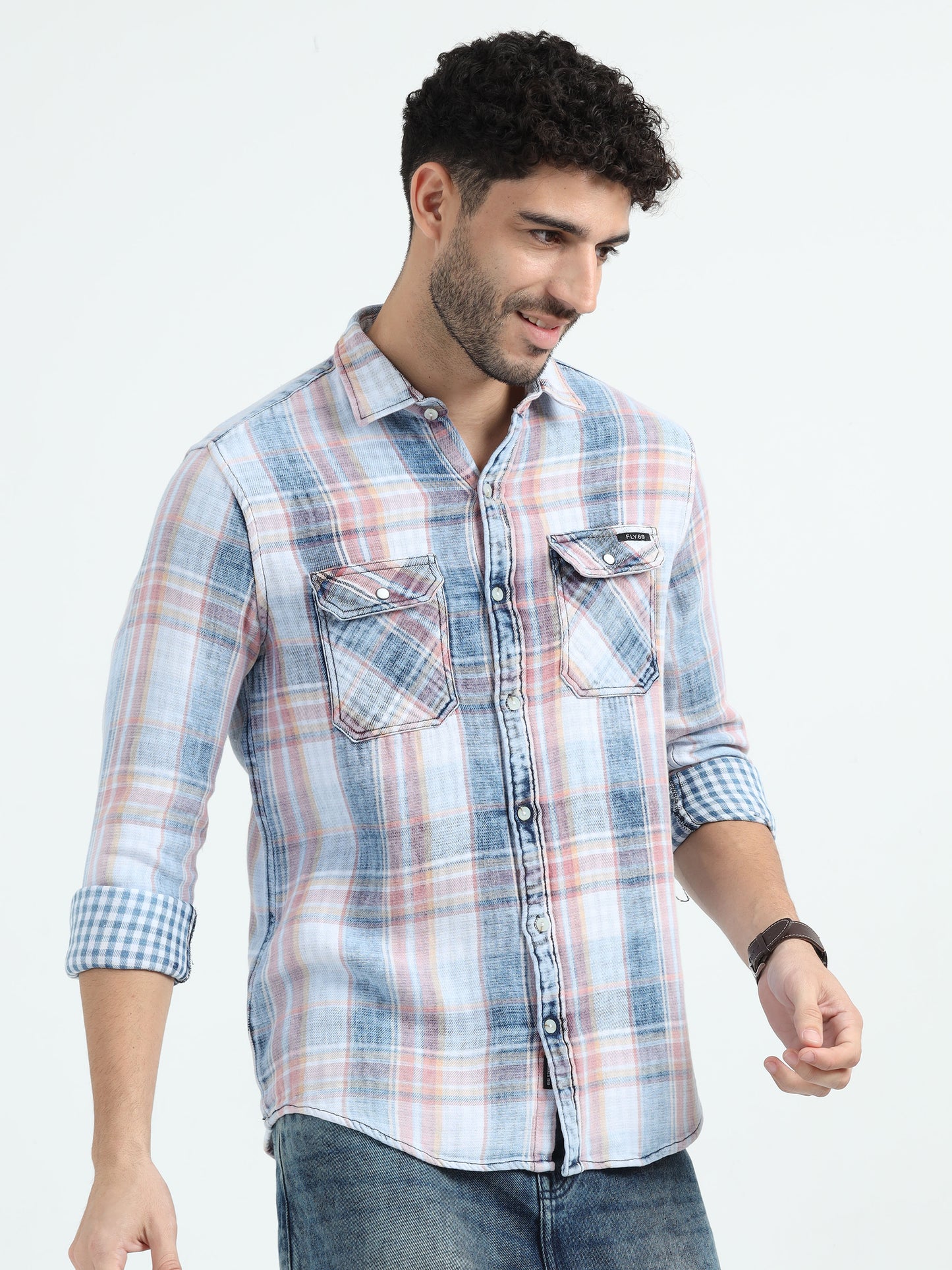 Indigo Cotton Peach Checks Shirt