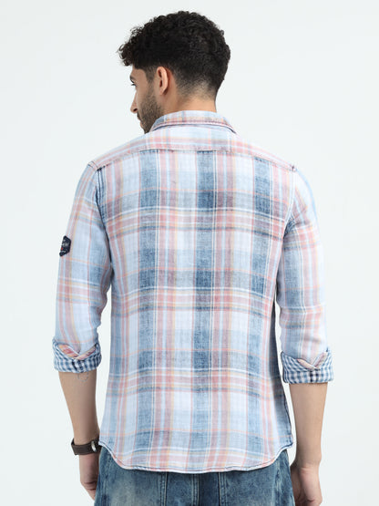 Indigo Cotton Peach Checks Shirt