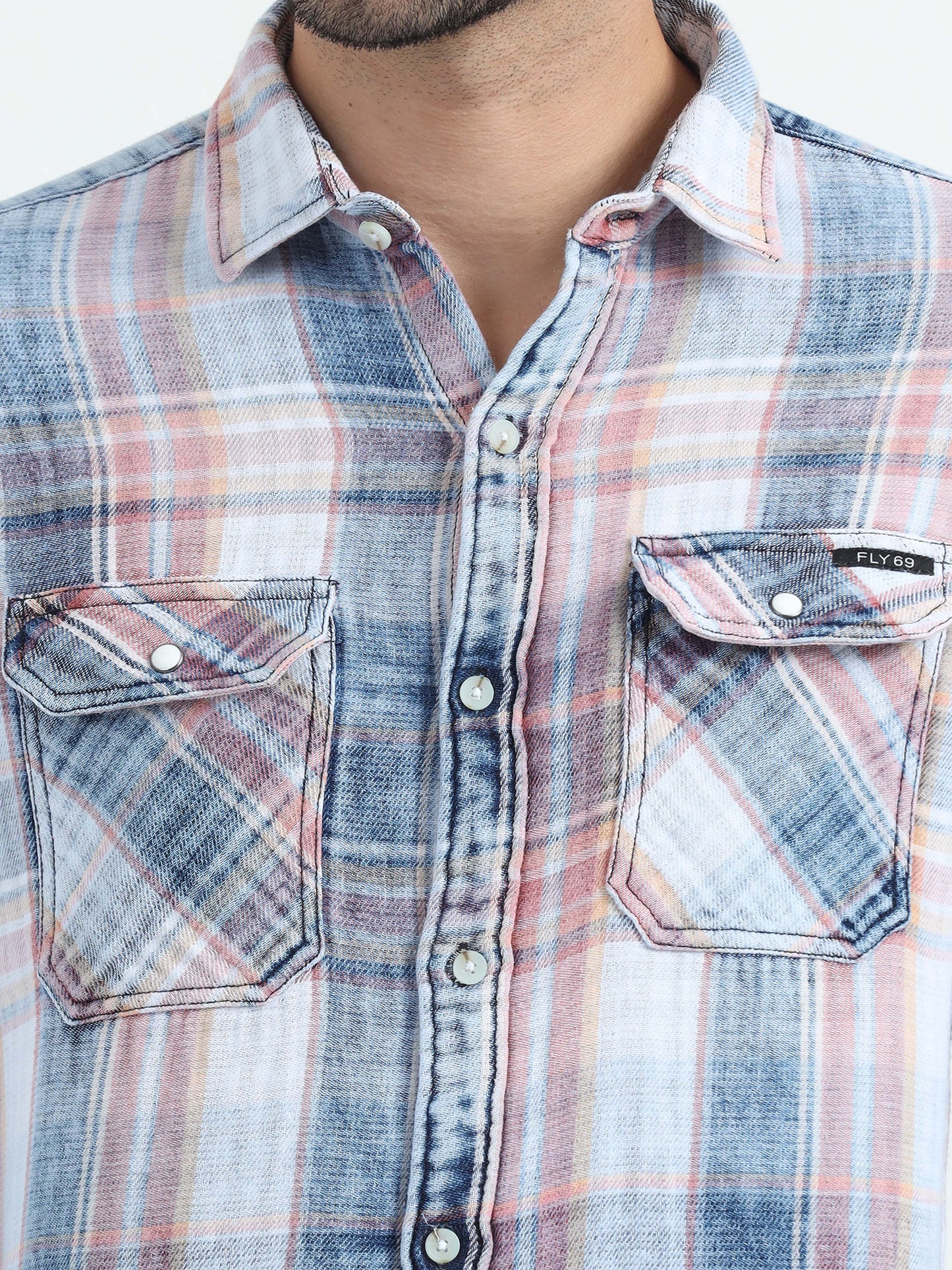 Indigo Cotton Peach Checks Shirt