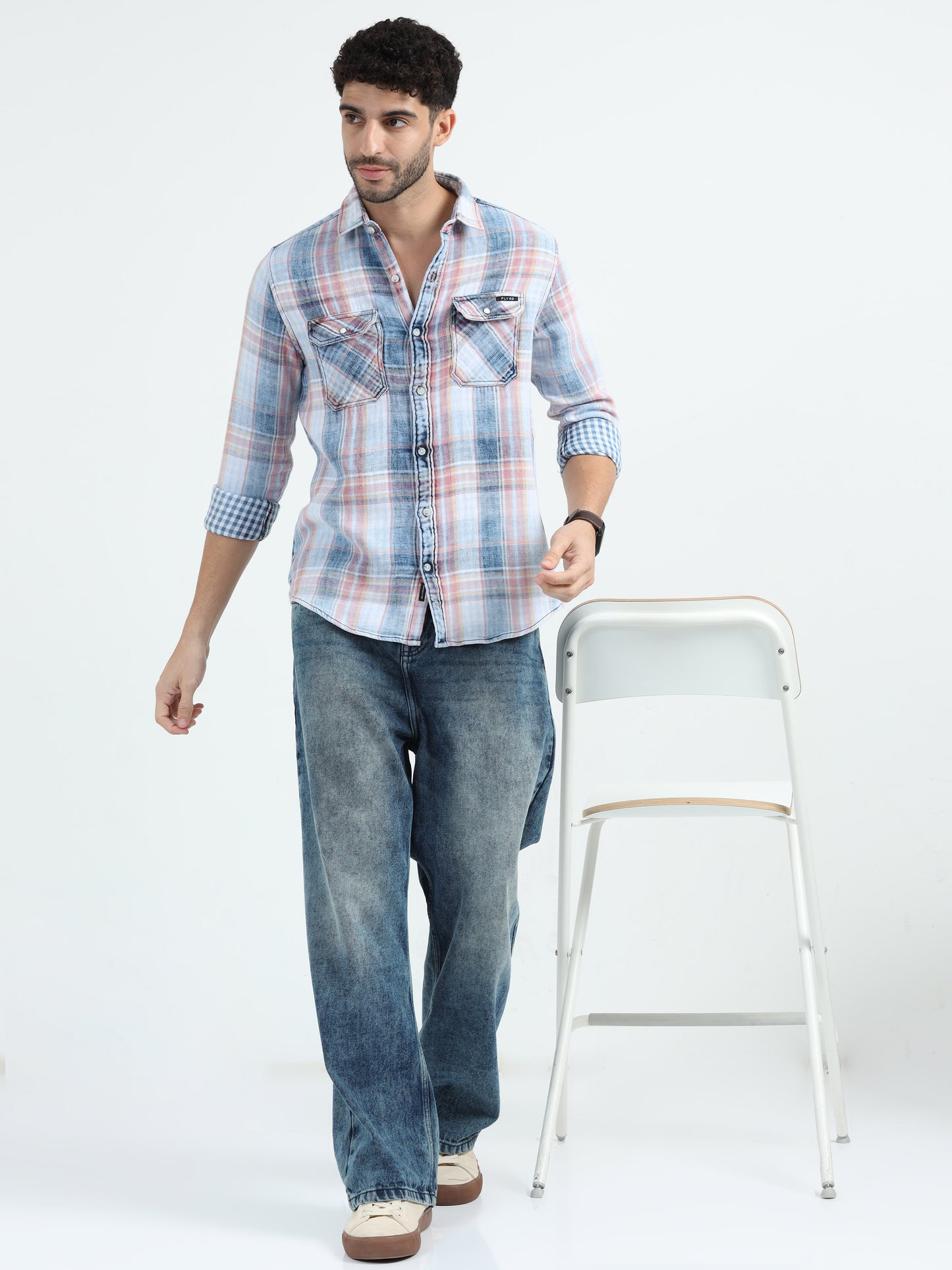 Indigo Cotton Peach Checks Shirt