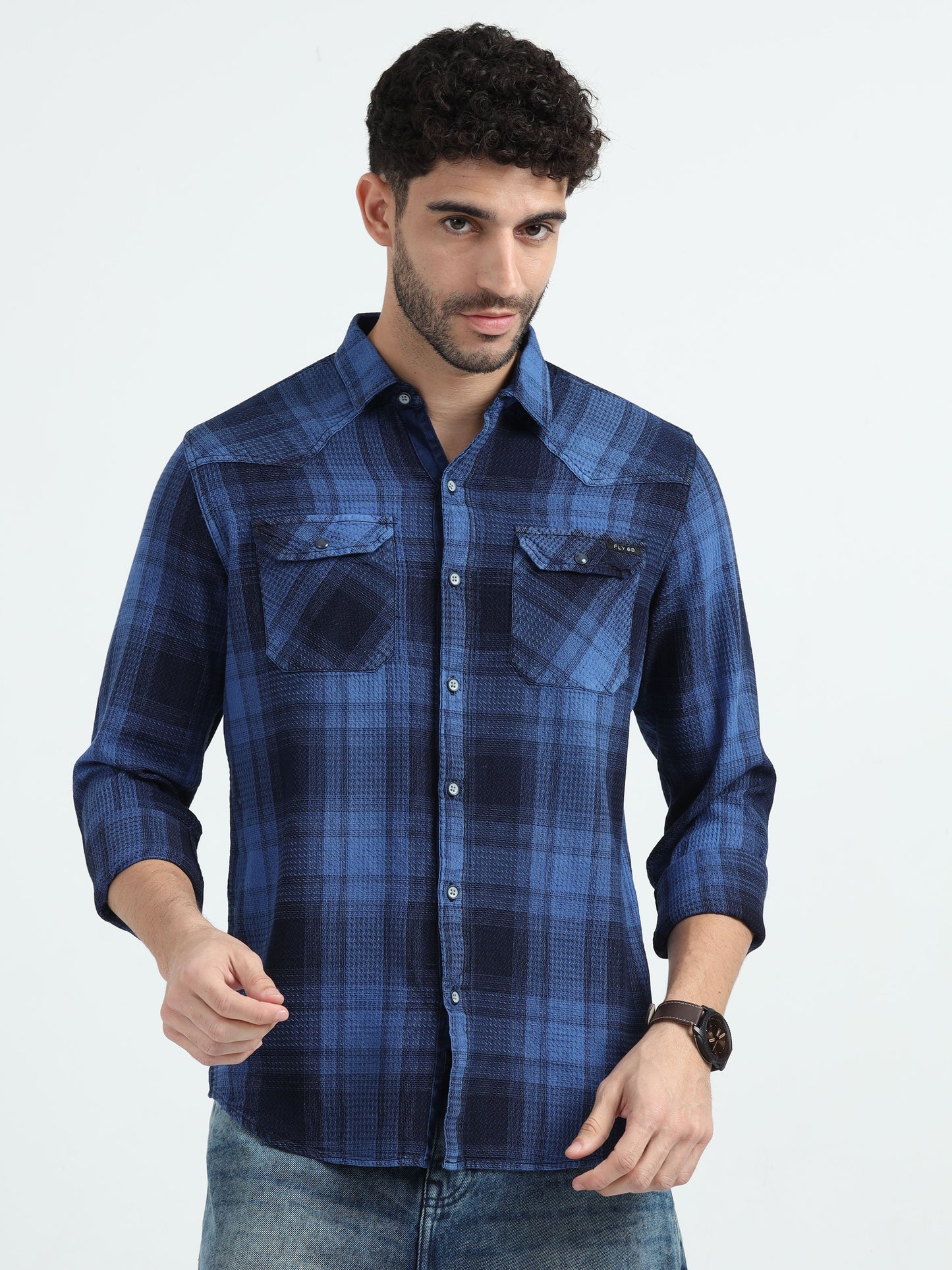 Indigo Cotton Checks Shirt