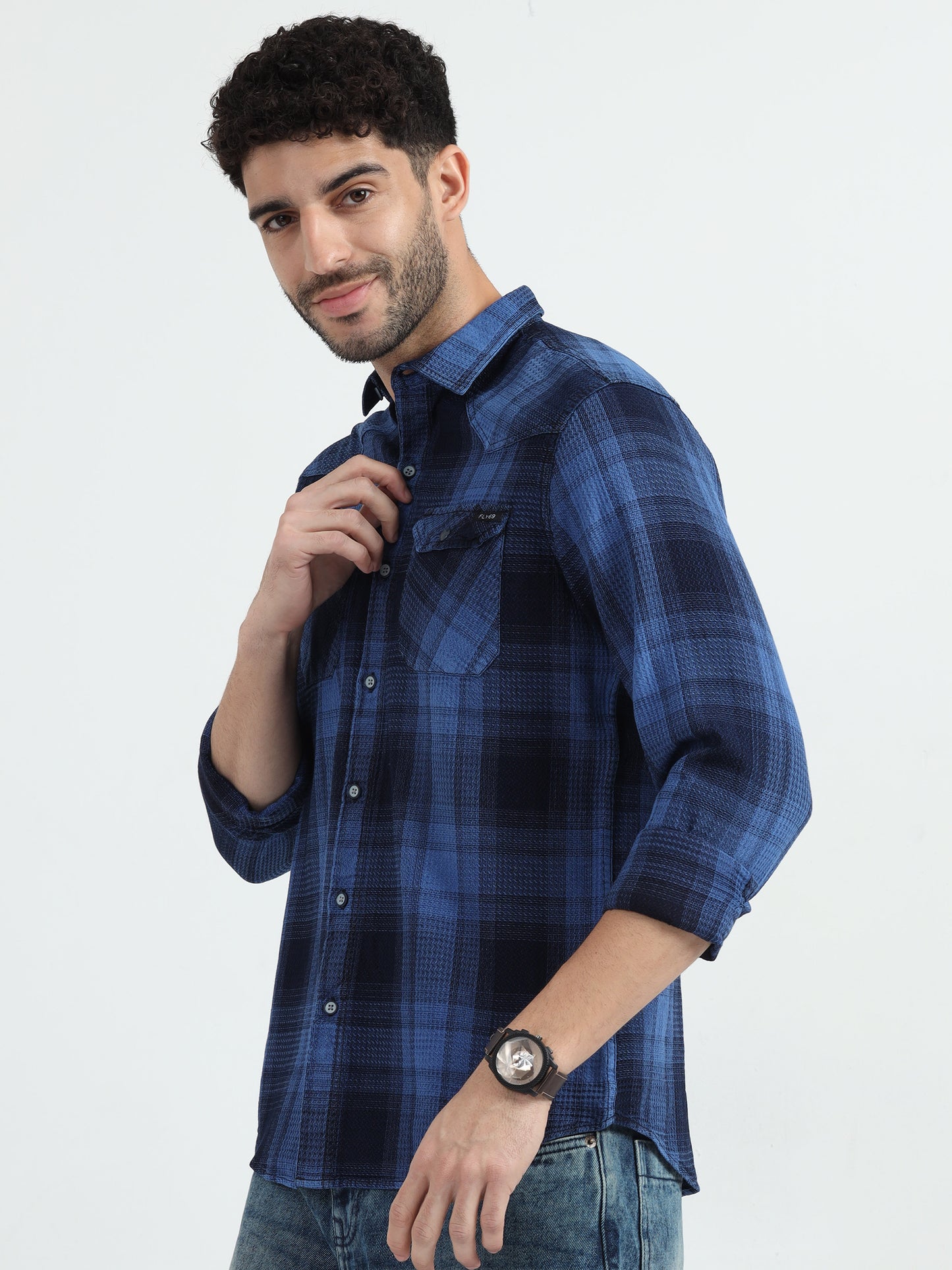 Indigo Cotton Checks Shirt