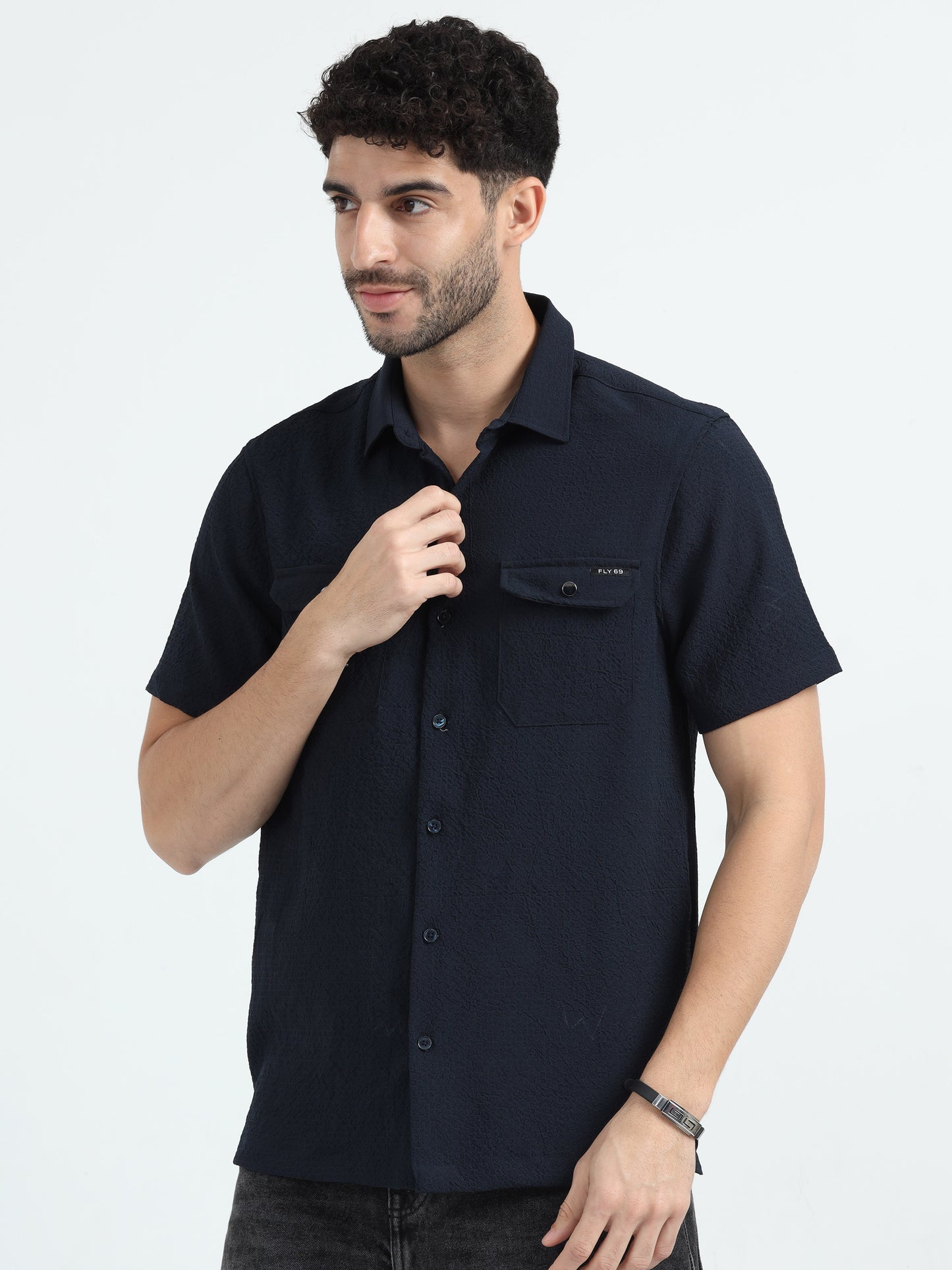 Black Double Pocket Solid Shirt Half Sleeve