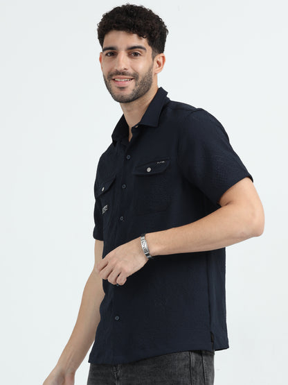 Black Double Pocket Solid Shirt Half Sleeve