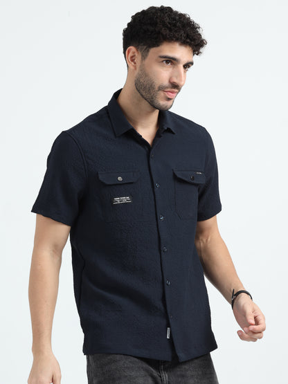 Black Double Pocket Solid Shirt Half Sleeve