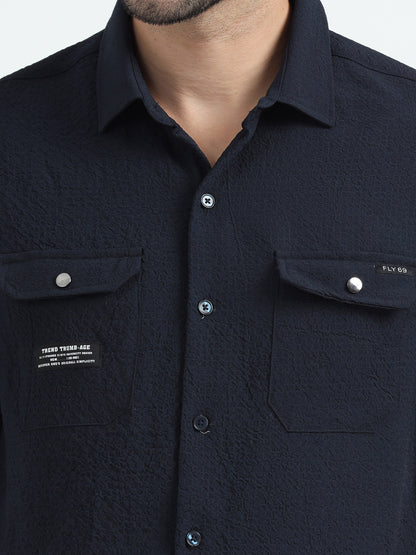 Blue Double Pocket Solid Shirt Half Sleeve