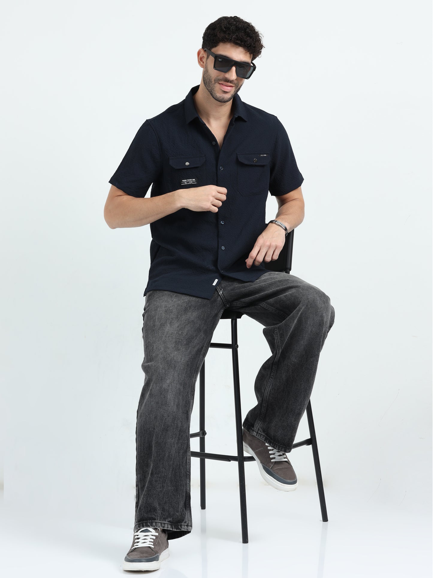 Black Double Pocket Solid Shirt Half Sleeve