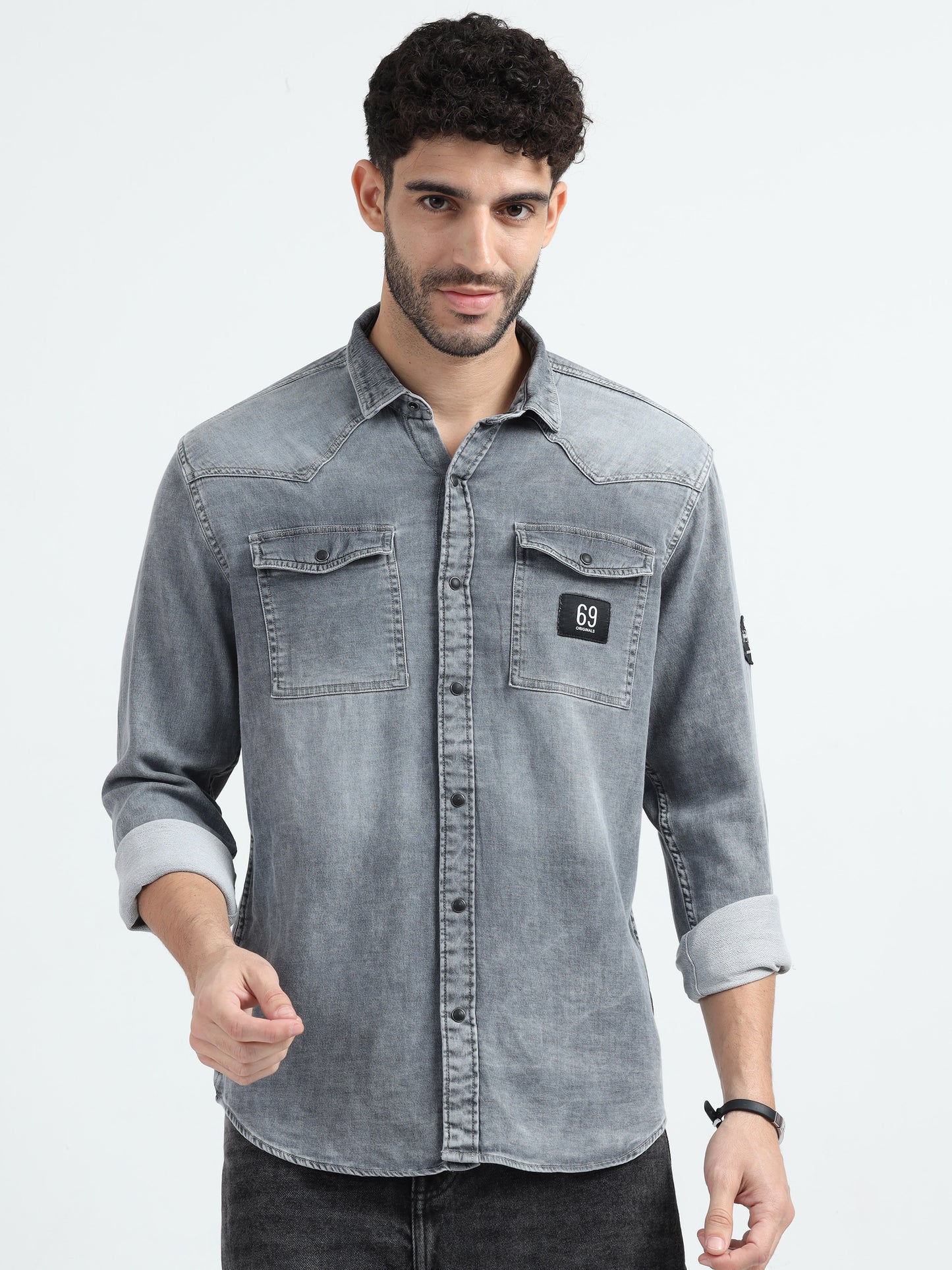 Grey Double Pocket Denim Shirt