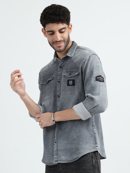 Grey Double Pocket Denim Shirt