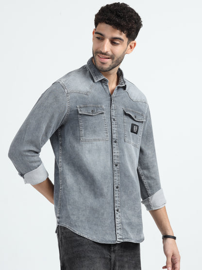 Grey Double Pocket Denim Shirt