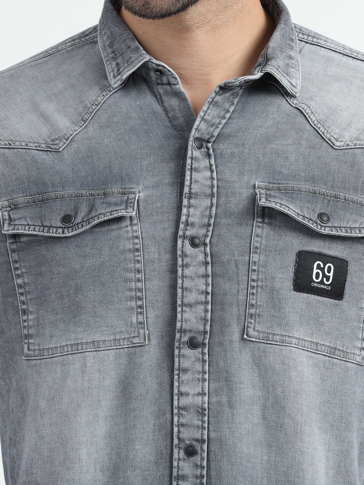 Grey Double Pocket Denim Shirt