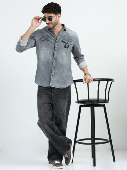 Grey Double Pocket Denim Shirt