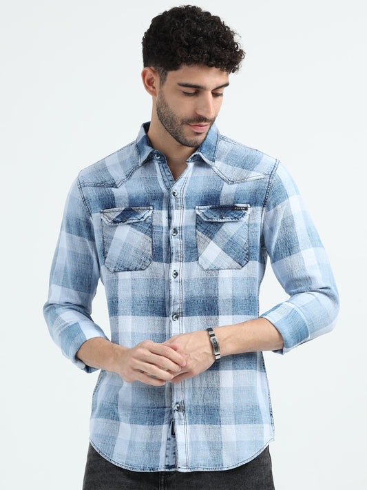 Indigo Cotton Light Blue Checks Shirt