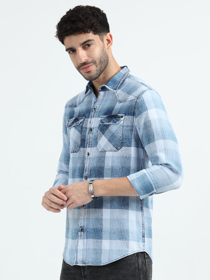 Indigo Cotton Light Blue Checks Shirt