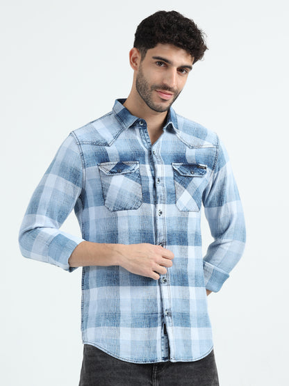 Indigo Cotton Light Blue Checks Shirt