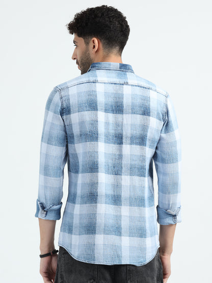 Indigo Cotton Light Blue Checks Shirt