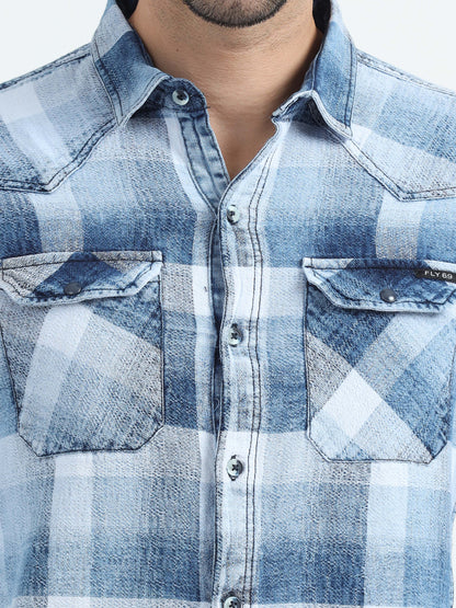 Indigo Cotton Light Blue Checks Shirt