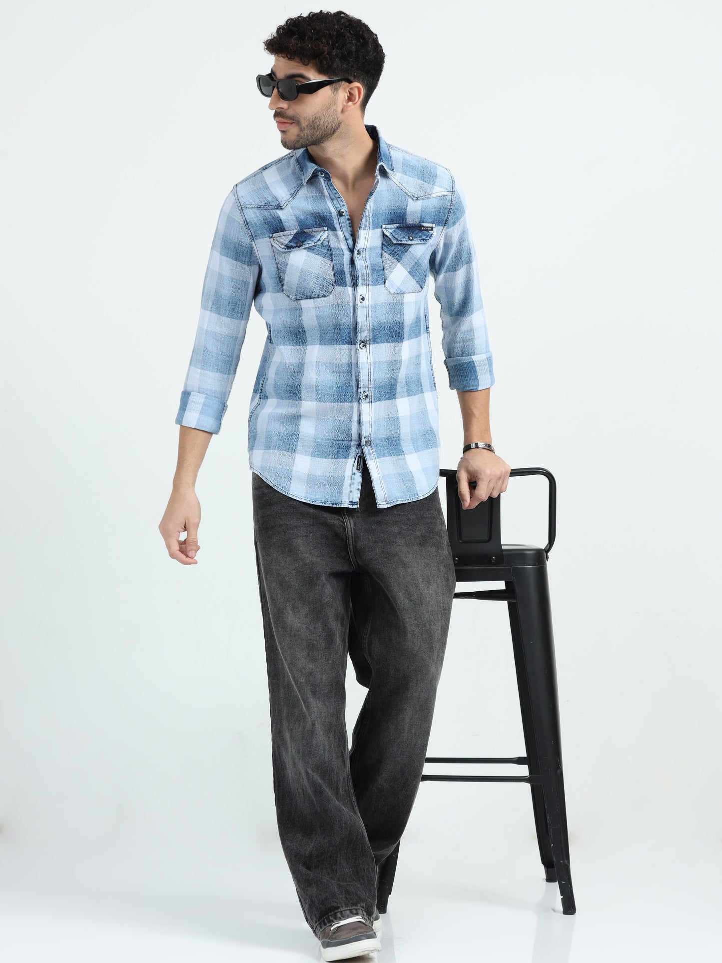 Indigo Cotton Light Blue Checks Shirt