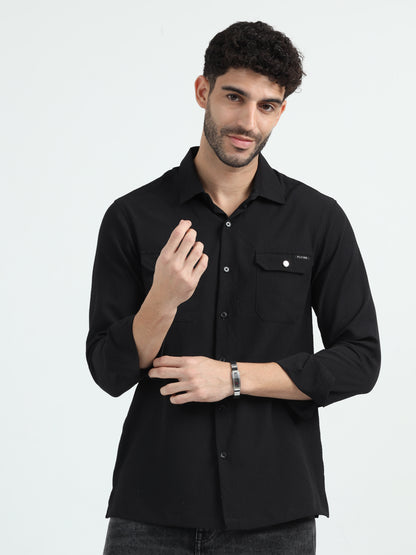 Black Double Pocket Solid Shirt