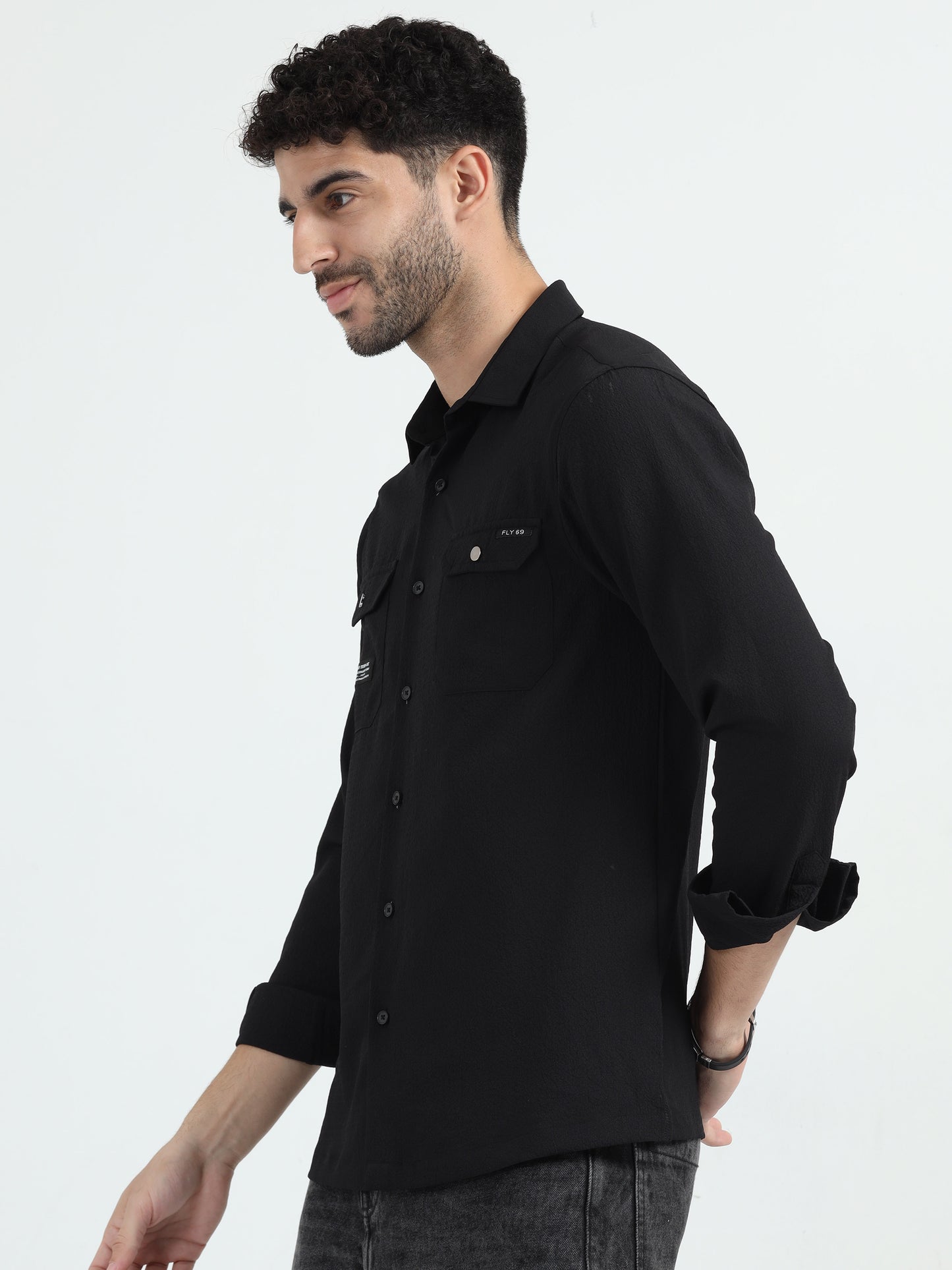 Black Double Pocket Solid Shirt