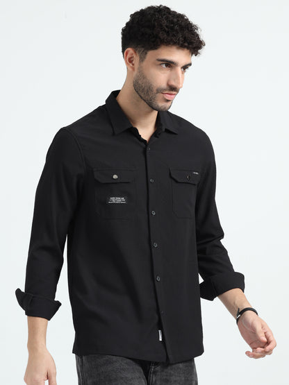 Black Double Pocket Solid Shirt