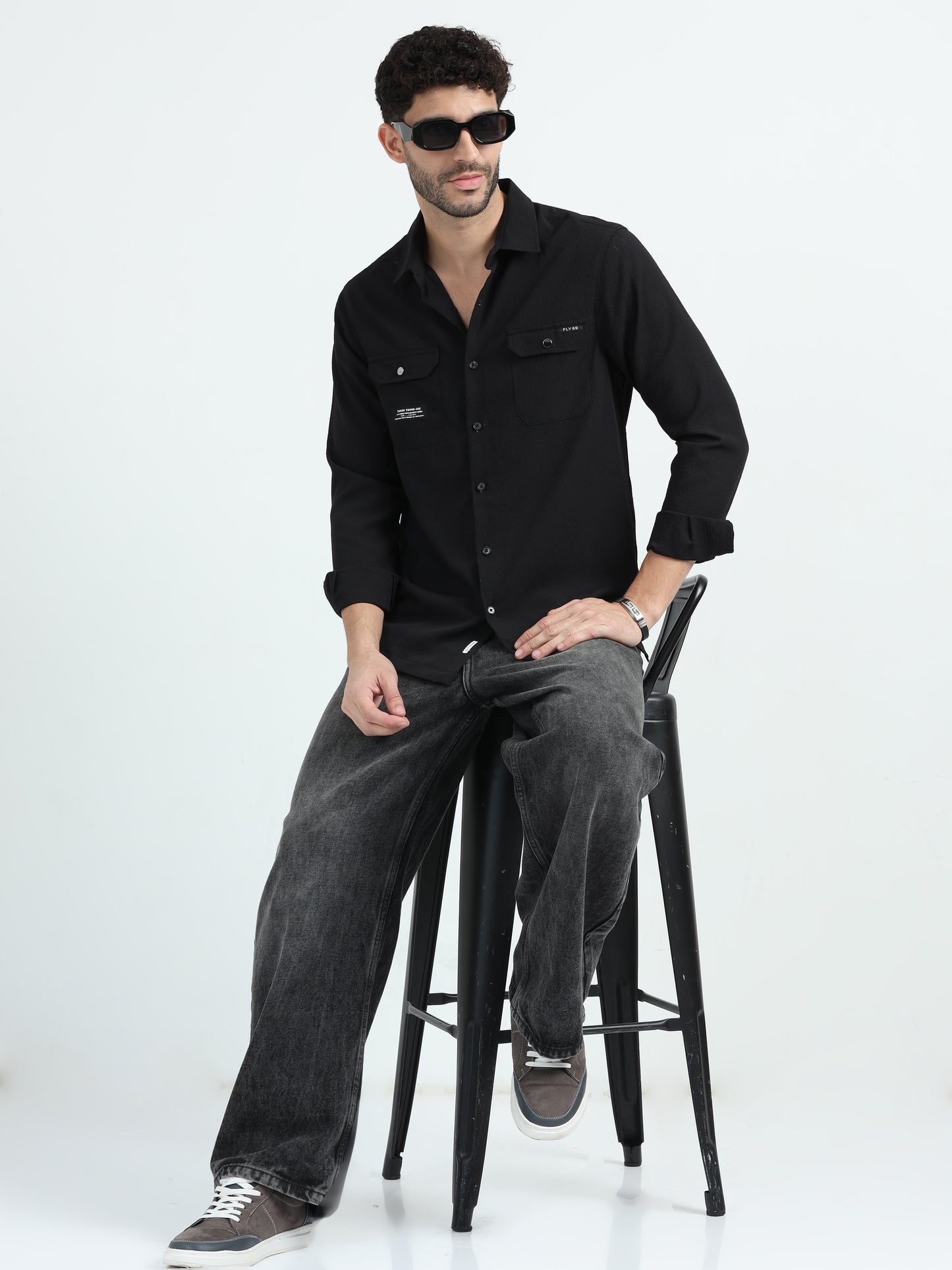 Black Double Pocket Solid Shirt