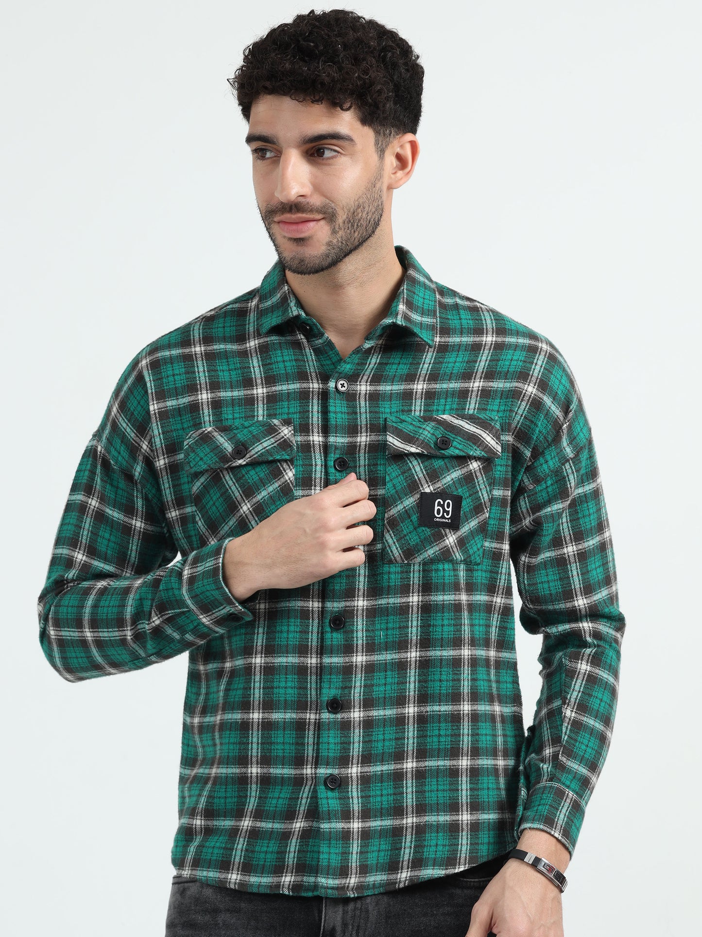 Green Double Pocket Checks Shirt