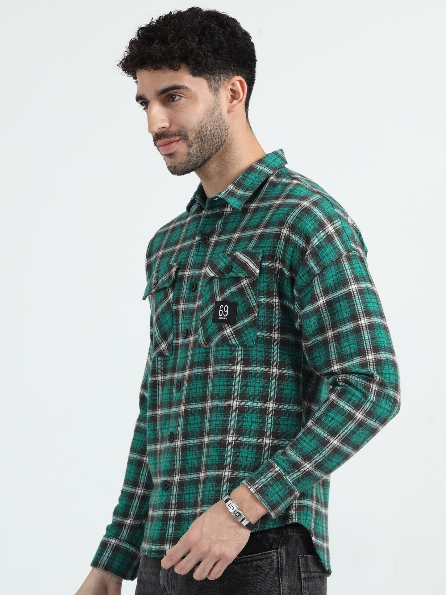 Green Double Pocket Checks Shirt