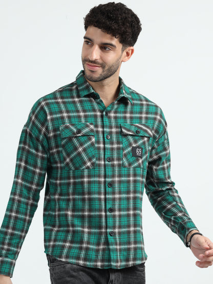 Green Double Pocket Checks Shirt