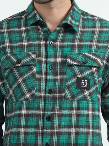 Green Double Pocket Checks Shirt