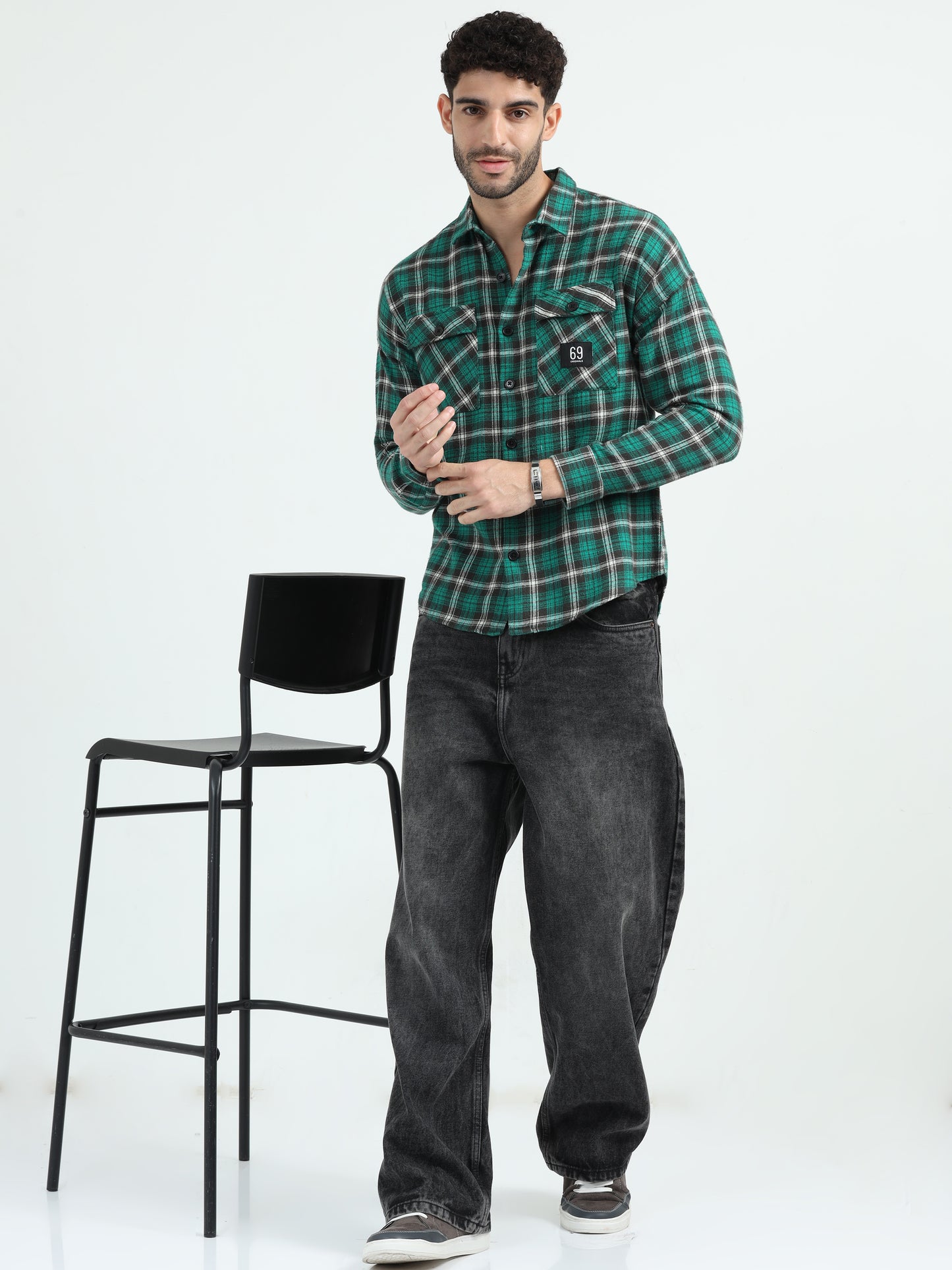 Green Double Pocket Checks Shirt