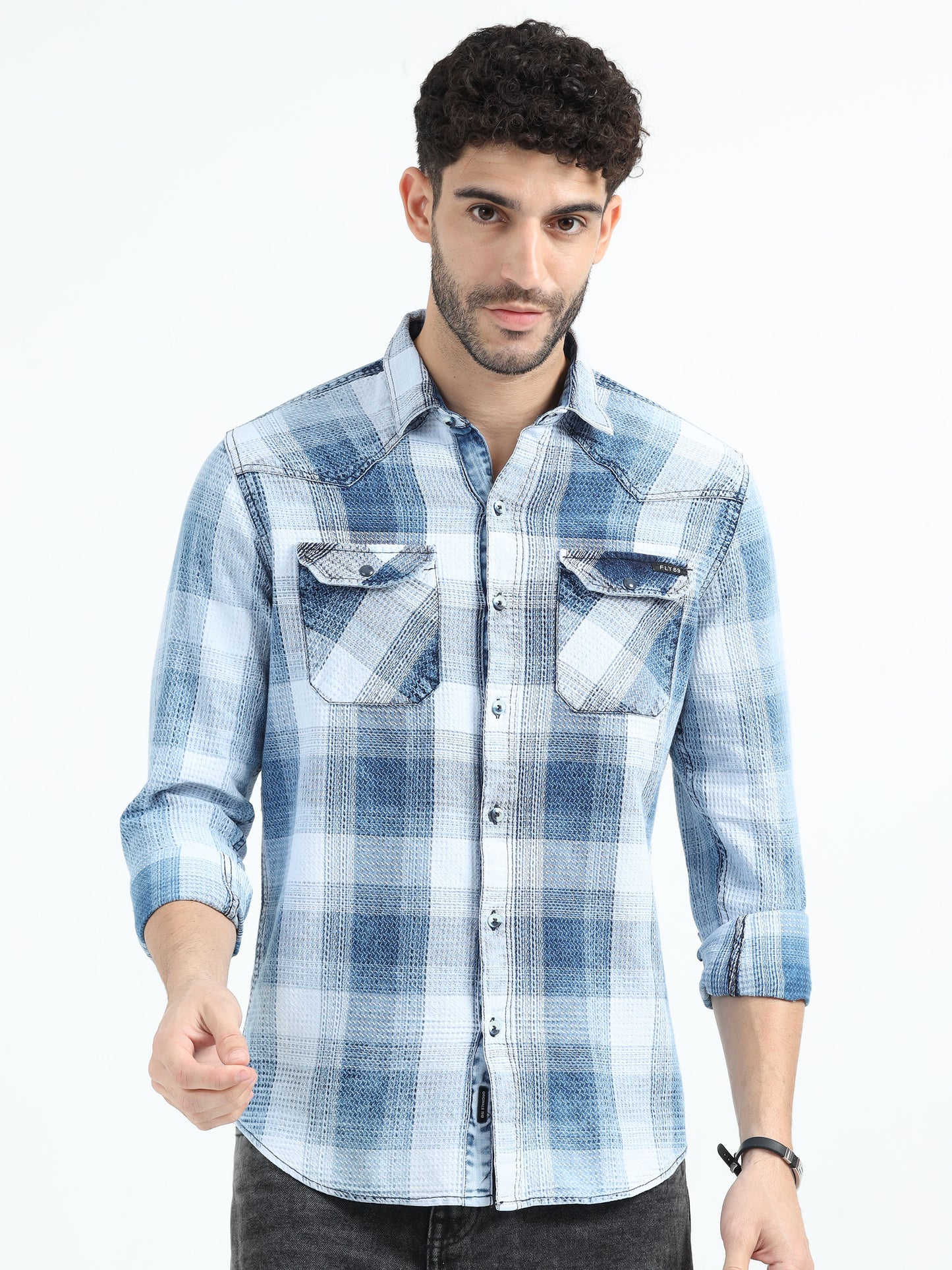 Indigo Cotton Sky Blue Checks Shirt