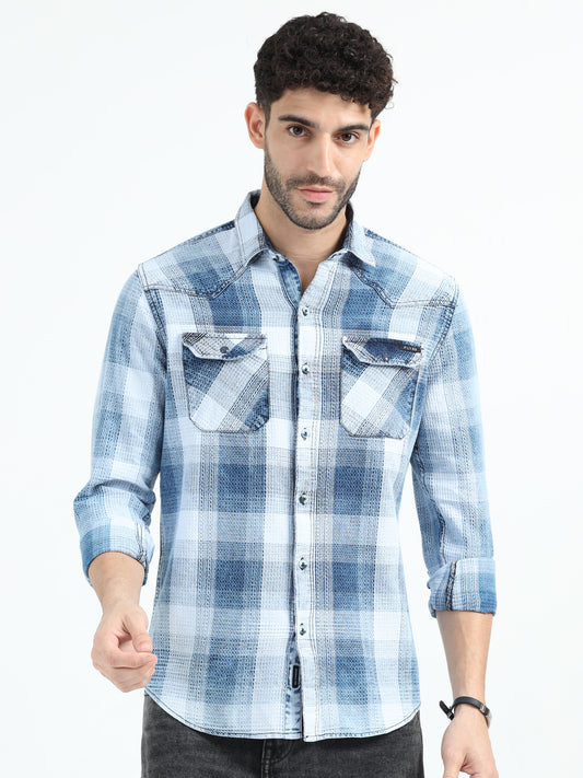 Indigo Cotton Sky Blue Checks Shirt